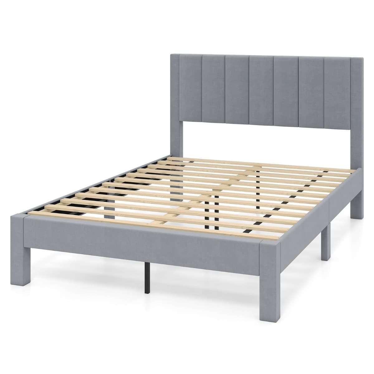 CostwayCadre de Lit Plateforme Rembourré Cadre de Lit Double 200x140cm avec Tête de Lit en Velours et Lattes en Bois pas Besoin de Sommier Gris