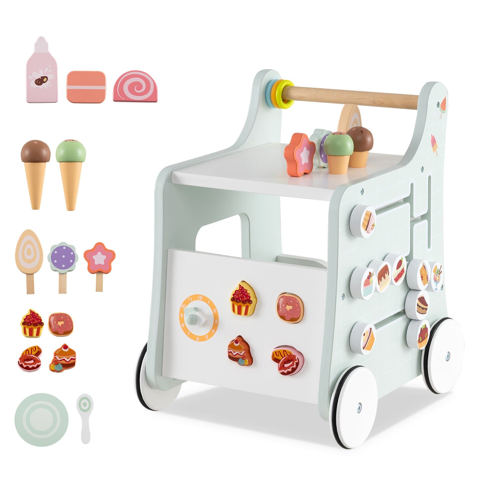 CostwayChariot d'apprentissage en Bois avec Espace de Rangement Aide à La Marche Sur Roues Magasin de Desserts avec Glace Vert