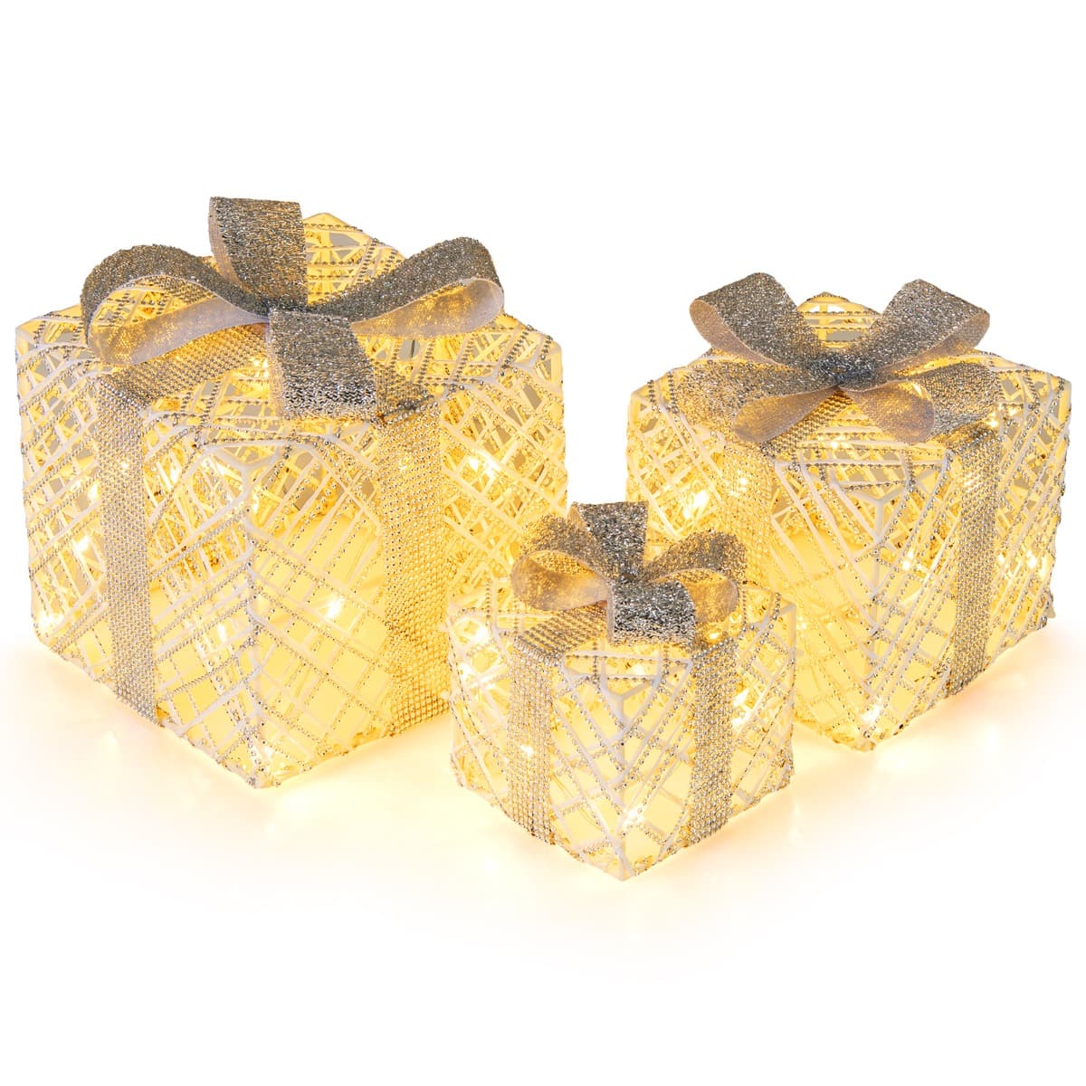 CostwayEnsemble de 3 Boîtes Cadeaux de Noël Illuminées Boîtes Festives Pré-éclairées avec 50 Lumières LED Nœuds Détachables & Cristaux Scintillants